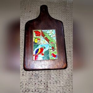 Vintage Wooden Cheese Board With Inlaid  Small Ceramic Tiles
